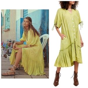 Free People Maya Midi Shirtdress In Green Seam Wash Size Small